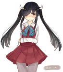  alternate_hairstyle artist_name bad_id bad_twitter_id black_hair blush bow bowtie hair_over_one_eye hair_ribbon hayashimo_(kantai_collection) kantai_collection long_hair looking_to_the_side myao_(jumca_my) pantyhose ribbon school_uniform skirt solo twintails twitter_username very_long_hair 