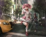  absurdres akemi_homura bad_deviantart_id bad_id black_hair black_legwear blonde_hair blue_hair bow building car city collarbone day debris dress drill_hair flower food gloves ground_vehicle hatsune_miku highres jewelry kaname_madoka lamppost leg_up license_plate mahou_shoujo_madoka_magica miki_sayaka motor_vehicle mouth_hold multiple_girls novcel open_mouth outdoors pantyhose pink_eyes pink_hair pocky red_hair road sakura_kyouko shoes socks street taxi thighhighs tomoe_mami tree twintails vocaloid watermark white_legwear 