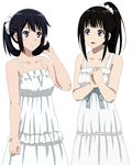  black_hair chitanda_eru company_connection cp9a crossover dress hibike!_euphonium highres hyouka kousaka_reina kyoto_animation long_hair look-alike multiple_girls ponytail purple_eyes standing white_dress 