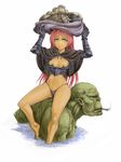  1girl armor capelet carrying_overhead cervus gauntlets green_skin highres horns long_hair orc original pot red_hair shield sitting sitting_on_person smoking solo_focus yellow_eyes 