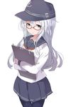  :&lt; bespectacled black_legwear blue_eyes clipboard commentary_request glasses hat hibiki_(kantai_collection) highres kantai_collection long_hair long_sleeves looking_at_viewer school_uniform serafuku silver_hair simple_background skirt solo sumisu_(mondo) thighhighs white_background 