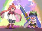  beanie crossover domino_mask dragon_quest dragon_quest_x fang final_fantasy final_fantasy_xiv fusion grin hat inkling lalafell lavender_eyes mask multiple_girls paint_roller pointy_ears puklipo skirt smile splatoon tentacle_hair 