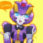 blue_eyes blush english glowing glowing_eyes index_finger_raised lips looking_at_viewer mecha nautica no_humans outline purple_lips robot signature simple_background solo transformers yellow_background zoner 