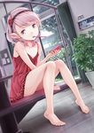  bare_shoulders barefoot cellphone dress ell flower hair_flower hair_ornament hairband indoors long_legs mouth_hold original phone plant pointy_ears purple_eyes purple_hair rose short_hair sitting solo stairs toothbrush tree window 