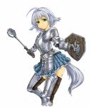  ahoge animal_ears armor armored_dress cervus gauntlets green_eyes highres mace no_nose original shield short_hair silver_hair solo tail weapon 