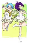  ;d bare_arms blue_eyes blue_hair boots dorothy_west enouchi_ai from_side full_body gradient gradient_background holding jumping leg_up long_hair looking_at_viewer microphone multiple_girls one_eye_closed open_mouth outside_border plaid plaid_skirt pretty_(series) pripara purple_hair short_hair side_ponytail skirt sleeveless smile standing standing_on_one_leg toudou_shion white_footwear yellow_eyes 