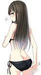  adjusting_clothes adjusting_swimsuit ass bad_id bad_twitter_id bikini black_bikini brown_hair earrings flying_sweatdrops from_behind green_eyes highres idolmaster idolmaster_cinderella_girls jewelry jpeg_artifacts long_hair looking_back natsu_(anta_tte_hitoha) shibuya_rin side-tie_bikini simple_background solo swimsuit 