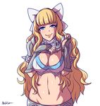  akairiot bad_id bad_tumblr_id bangs blonde_hair blue_eyes breasts charlotte_(fire_emblem_if) cleavage crop_top eyelashes fire_emblem fire_emblem_if gauntlets large_breasts lips long_hair looking_at_viewer midriff smile solo upper_body 