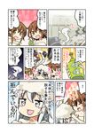  4girls :d @_@ ^_^ akatsuki_(kantai_collection) anchor_symbol bell_(oppore_coppore) black_legwear brown_eyes brown_hair check_commentary closed_eyes comic commentary commentary_request fang flat_cap folded_ponytail hair_ornament hairclip hat hibiki_(kantai_collection) highres ikazuchi_(kantai_collection) inazuma_(kantai_collection) kantai_collection long_hair multiple_girls naked_towel open_mouth ponytail school_uniform serafuku short_hair silver_hair smile sweat thighhighs towel translated washing_hair wavy_mouth 