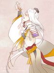  alternate_color armor bridal_gauntlets chin_strap closed_eyes color_switch cosplay hakama hashtag hat ima-no-tsurugi japanese_armor japanese_clothes kogitsunemaru kogitsunemaru_(cosplay) long_hair male_focus pom_pom_(clothes) shoulder_armor sode solo stole tantou tokin_hat touken_ranbu translated very_long_hair white_hair zuwai_kani 