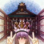  blush brown_hair commentary crown double_v gradient_hair head_only highres hijiri_byakuren looking_at_viewer multicolored_hair nii_(ni-nuye) ornament photo-referenced purple_hair solo temple touhou v 
