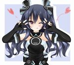  ;p ahhien black_gloves black_hair blue_background blush double_w elbow_gloves fingerless_gloves gloves hair_ribbon heart heart-shaped_pupils long_hair looking_at_viewer neptune_(series) one_eye_closed red_eyes ribbon silhouette solo symbol-shaped_pupils tongue tongue_out two_side_up uni_(choujigen_game_neptune) w 