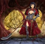  armor armored_boots armored_dress black_hair boots cervus eyepatch grin highres original pink_eyes polearm smile sword thighhighs tiger weapon 