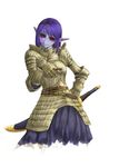  armor armored_dress blue_skin cervus dress gauntlets highres long_hair original pointy_ears purple_hair red_eyes solo sword weapon 