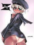  ass bad_id bad_pixiv_id blush bottomless commentary dress embarrassed from_behind green_eyes hat kantai_collection long_sleeves looking_at_viewer looking_back no_panties sailor_dress sailor_hat short_hair silver_hair solo tan tanline tokita_monta z1_leberecht_maass_(kantai_collection) 