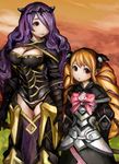  armor artist_request breasts brown_eyes brown_hair camilla_(fire_emblem) camilla_(fire_emblem_if) cleavage cleavage_cutout dress elise_(fire_emblem) elise_(fire_emblem_if) fire_emblem fire_emblem_if gradient gradient_background hair_over_one_eye multiple_girls purple_hair red_eyes twin_drills 