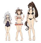  bikini blue_eyes brown_hair double_bun height_chart height_difference hibiki_(kantai_collection) kantai_collection long_hair motohara_moka multiple_girls naka_(kantai_collection) one-piece_swimsuit ponytail school_swimsuit short_hair silver_hair smile swimsuit v very_long_hair yamato_(kantai_collection) 
