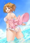  ass bikini blush breasts brown_eyes brown_hair gradient gradient_background hair_ornament idolmaster idolmaster_cinderella_girls looking_at_viewer mimura_kanako ocean open_mouth outdoors plump sideboob sky smile solo swimsuit takahata_yuki thick_thighs 