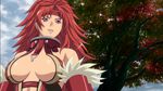  1girl animated animated_gif bouncing_breasts breasts earrings female jewelry large_breasts long_hair lost_worlds purple_eyes queen&#039;s_blade queen's_blade red_hair risty sky smile solo standing tree wind 