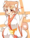  :d animal_ears bad_id bad_pixiv_id blush breasts brown_hair commentary dog_ears dog_tail fang gradient_hair hajime_(ak-r) heart highres large_breasts looking_at_viewer maki-chan multicolored_hair open_hand open_mouth original personification red_eyes shiba_inu short_hair smile solo tail 
