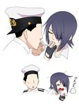  &gt;_&lt; 1girl admiral_(kantai_collection) backwards_hat black_hair cigarette cigarette_kiss closed_eyes coughing eyepatch faceless faceless_male fingerless_gloves gloves hat kantai_collection military military_uniform naval_uniform no_headwear open_mouth purple_hair short_hair smoking sweatdrop tears tenryuu_(kantai_collection) translated uniform wata_do_chinkuru yellow_eyes 