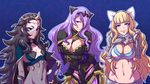 akairiot armor black_hair blonde_hair blue_eyes book bow breasts brown_eyes camilla_(fire_emblem) camilla_(fire_emblem_if) charlotte_(fire_emblem) charlotte_(fire_emblem_if) circlet cleavage curly_hair facial_mark fire_emblem fire_emblem_if forehead_mark hair_bow large_breasts lavender_eyes licking_lips long_hair looking_at_viewer messy_hair midriff multiple_girls navel nintendo nyx_(fire_emblem) purple_eyes purple_hair simple_background small_breasts smile tongue tongue_out very_long_hair 