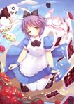  alice_(wonderland) alice_(wonderland)_(cosplay) alice_in_wonderland apron blue_dress brown_eyes card cosplay dress fan_(20110507) flower grey_hair hairband nagato_yuki playing_card rose short_hair suzumiya_haruhi_no_yuuutsu thighhighs white_rabbit 