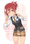  blush double_v grin hair_ornament highres looking_at_viewer michairu name_tag necktie one_eye_closed plaid plaid_shorts red_eyes red_hair short_hair shorts smile solo v vest yuuki_yuuna yuuki_yuuna_wa_yuusha_de_aru yuusha_de_aru 