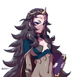  akairiot bad_id bad_tumblr_id black_hair bodystocking book breasts cleavage_cutout cloak covered_mouth covered_navel eyelashes facial_mark fire_emblem fire_emblem_if forehead_mark horned_headwear long_hair messy_hair nyx_(fire_emblem_if) red_eyes small_breasts smile solo tiara upper_body veil very_long_hair 