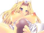  1girl barefoot blonde_hair blue_eyes blush breasts censored dress footjob hat long_hair mint_adenade nurse_cap open_mouth penis simple_background tales_of_(series) tales_of_phantasia 