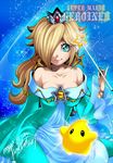  1girl bare_shoulders blonde_hair breasts chiko_(mario) crown dress earrings gloves hair_over_one_eye jewelry long_hair long_sleeves looking_at_viewer luma mario_(series) nail_polish nintendo rosalina_(mario) rosetta_(mario) smile star super_mario_bros. super_mario_galaxy wand 