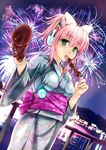 alternate_hairstyle animal_ears blush breasts cat_ears chocolate_banana fireworks folded_ponytail food ganari_ryuu giving green_eyes headphones headset japanese_clothes kimono large_breasts long_hair looking_at_viewer open_mouth original pink_hair sexually_suggestive solo super_tama_musume tail tamatoys 
