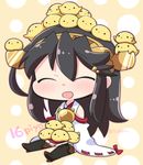  :d ^_^ animal animal_on_head bare_shoulders bird black_hair black_legwear chibi chick closed_eyes detached_sleeves haruna_(kantai_collection) headgear kantai_collection long_hair nontraditional_miko on_head open_mouth ribbon-trimmed_sleeves ribbon_trim smile solo thighhighs too_many too_many_chicks tsukko_(3ki2ne10) twitter_username wide_sleeves 