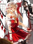  ascot asymmetrical_hair asymmetrical_wings backlighting bad_id bad_pixiv_id bare_shoulders blonde_hair blood blood_on_face blood_splatter blurry bow bra_strap braid clenched_hand death depth_of_field dress eating_hair flandre_scarlet frilled_hat frills hair_bow hat hat_bow indoors kirisame_marisa laevatein looking_away mob_cap mouth_hold multiple_girls out_of_frame red_dress red_eyes short_hair side_ponytail single_braid solo_focus torn_clothes torn_hat touhou weapon wings witch_hat wrist_cuffs yen_(ibukinari) 