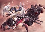 antennae armor_girls_project black_hair boots breasts brown_eyes cannon detached_sleeves haruna_(kantai_collection) headgear kantai_collection large_breasts long_hair long_sleeves mecha_musume mechanical_arm miniskirt nontraditional_miko shirt skirt smile solo sumapan thigh_boots thighhighs thighs wide_sleeves zettai_ryouiki 