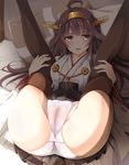  ahoge bare_shoulders brown_hair detached_sleeves double_bun folded hairband hazuki_gyokuto japanese_clothes kantai_collection knees_on_chest kongou_(kantai_collection) labia leg_grab long_hair looking_at_viewer lying nontraditional_miko on_back open_mouth panties remodel_(kantai_collection) solo spread_legs thighhighs underwear 
