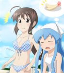  blush breasts food furukawa_keiko gandoru hungry ikamusume mole mole_under_eye multiple_girls navel shinryaku!_ikamusume shrimp spoken_food stomach stomach_growling surprised sweatdrop swimsuit thought_bubble 