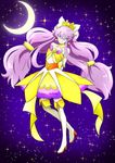  alternate_hairstyle boots cosplay crossover cure_moonlight cure_twinkle cure_twinkle_(cosplay) dress earrings eyelashes go!_princess_precure hair_ornament hair_ribbon happy heartcatch_precure! high_heel_boots high_heels jewelry long_hair looking_at_viewer magical_girl moon precure purple_eyes purple_hair ribbon smile solo standing star star_earrings thigh_boots thighhighs tsukikage_oyama tsukikage_yuri twintails very_long_hair yellow_dress 