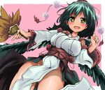  akure_ekuto black_hair black_wings blush commentary_request fan feathered_wings groin hat hauchiwa highres kourindou_tengu_costume no_panties open_mouth pelvic_curtain shameimaru_aya solo thighs tokin_hat touhou wide_sleeves wings yellow_eyes 