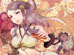  bad_id bad_pixiv_id bare_shoulders collarbone comb fire_emblem fire_emblem_if floral_background floral_print fugakanon hair_ornament hexagon midriff orochi_(fire_emblem_if) purple_eyes purple_hair solo 