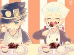  black_hair blue_eyes buck_teeth child closed_eyes earrings flag food fork french_flag hat higeneko_(pluie) japanese_flag jean_pierre_polnareff jewelry jojo_no_kimyou_na_bouken kuujou_joutarou multiple_boys napkin okosama_lunch plate signature spoon striped striped_background white_hair younger 