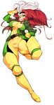  1girl belt bodysuit cameltoe emblem full_body gloves green_eyes hair_antennae headband jacket looking_at_viewer marvel red_hair rogue_(x-men) simple_background slugbox solo thigh_boots two-tone_hair white_hair x-men yellow_gloves 