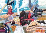  2boys black_eyes black_hair blonde_hair blue_eyes blue_sky building city cloud clouds droplets glasses jacket kishimoto_masashi kunai midair midriff mitsuki_(naruto) mouth_hold multiple_boys naruto naruto_gaiden navel official_art open_jacket rainbow scroll shorts sky spiked_hair thighhighs toeless_legwear uchiha_sarada uzumaki_boruto water weapon 