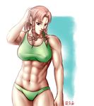  abs blue_eyes blue_sky braid breasts collarbone covered_nipples cowboy_shot dated hand_in_hair hong_meiling large_breasts lips long_hair looking_at_viewer muscle muscular_female nose parted_lips red_hair signature sky solo standing taikyokuturugi touhou twin_braids white_background 