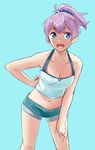  :d alternate_costume aoba_(kantai_collection) aqua_background bad_id bad_pixiv_id blue_eyes blue_scrunchie breasts cleavage denim denim_shorts hand_on_hip hand_on_leg kantai_collection leaning_forward medium_breasts navel ojipon open_mouth ponytail scrunchie shorts smile solo tank_top 