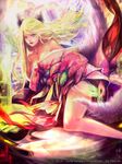  animal_ears artist_name blonde_hair breasts cleavage copyright_name heyjin large_breasts legs long_hair solo tail trinity_souls watermark 