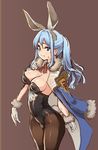  animal_ears black_legwear blue_eyes blue_hair blush breasts brown_background bunny_ears bunnysuit cleavage detached_collar gloves granblue_fantasy jacket_on_shoulders large_breasts long_hair pantyhose ponytail simple_background solo sweatdrop therese_(granblue_fantasy) thomasz white_gloves 