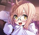  :d ahoge blonde_hair blush glasses kantai_collection long_hair looking_at_viewer makigumo_(kantai_collection) open_mouth rimless_eyewear sakuya_tsuitachi school_uniform sleeves_past_fingers sleeves_past_wrists smile solo v-shaped_eyebrows yellow_eyes 
