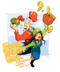  1girl back-to-back block brother_and_sister brown_hair cherry coin coin_block cosplay dated earrings food fruit green_hat grey_hair hat jean_pierre_polnareff jewelry jojo_no_kimyou_na_bouken kamihitoe luigi luigi_(cosplay) mario mario_(cosplay) mario_(series) mushroom overalls red_hair red_hat sherry_polnareff siblings super_mario_bros. 
