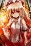  bamboo bamboo_forest bow fire forest fujiwara_no_mokou hair_bow highres long_hair maho_moco nature red_eyes shirt solo suspenders touhou white_hair white_shirt 